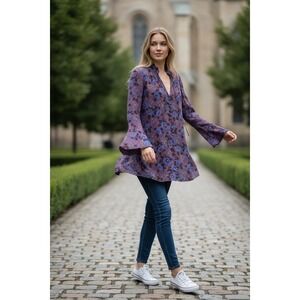 Free People Wine Floral Bell Sleeve Tunic Top